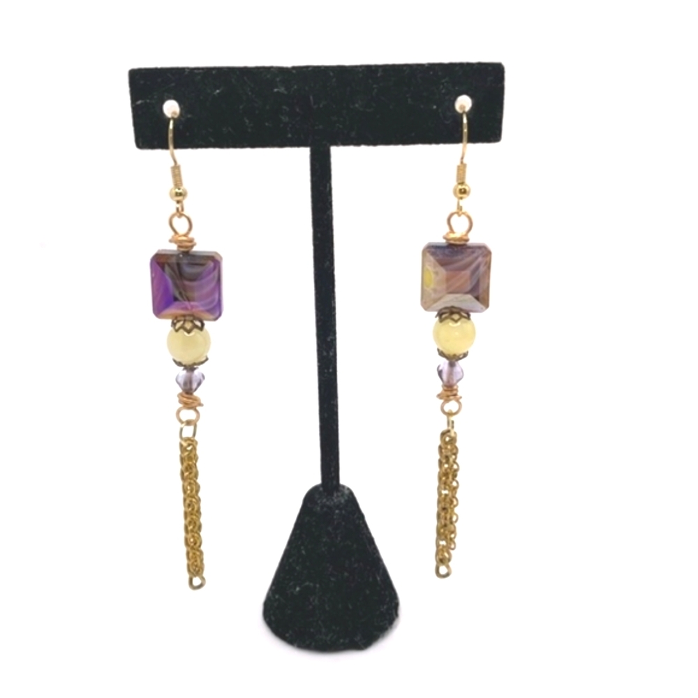 Boho Purple Glass Yellow Jade Gold Tone Pierced Earrings